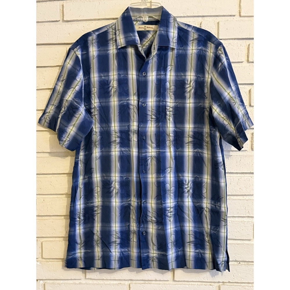 Tommy Bahama Hawaiian Aloha‎ Button Front Shirt Mens Small Silk Blue Check